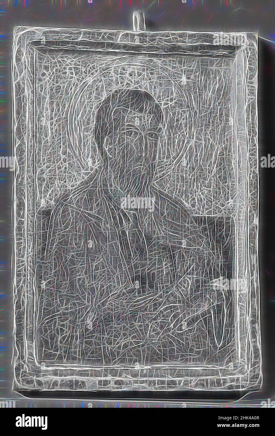 Ispirato alla pittura, pannello in legno, 5 5/16 x 3 1/2 pollici, 13,5 x 8,9 cm, figura maschile, reinventato da Artotop. L'arte classica reinventata con un tocco moderno. Design di calda e allegra luminosità e di raggi di luce. La fotografia si ispira al surrealismo e al futurismo, abbracciando l'energia dinamica della tecnologia moderna, del movimento, della velocità e rivoluzionando la cultura Foto Stock