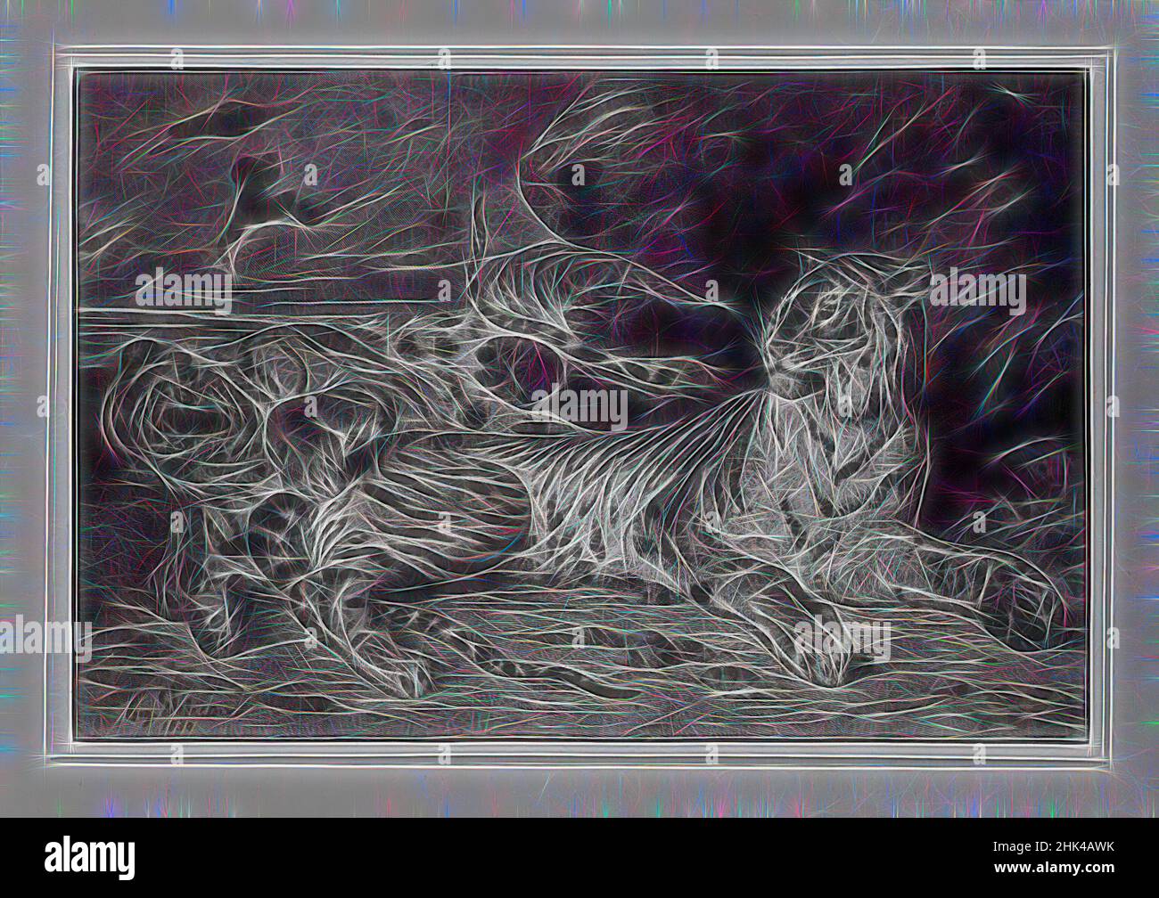 Ispirata a Jeune Tigre Jouant, incisione in legno stampata in bistre su carta cinese sfuso, 9 5/16 x 13 7/8 pollici, 23,6 x 35,2 cm, reinventata da Artotop. L'arte classica reinventata con un tocco moderno. Design di calda e allegra luminosità e di raggi di luce. La fotografia si ispira al surrealismo e al futurismo, abbracciando l'energia dinamica della tecnologia moderna, del movimento, della velocità e rivoluzionando la cultura Foto Stock