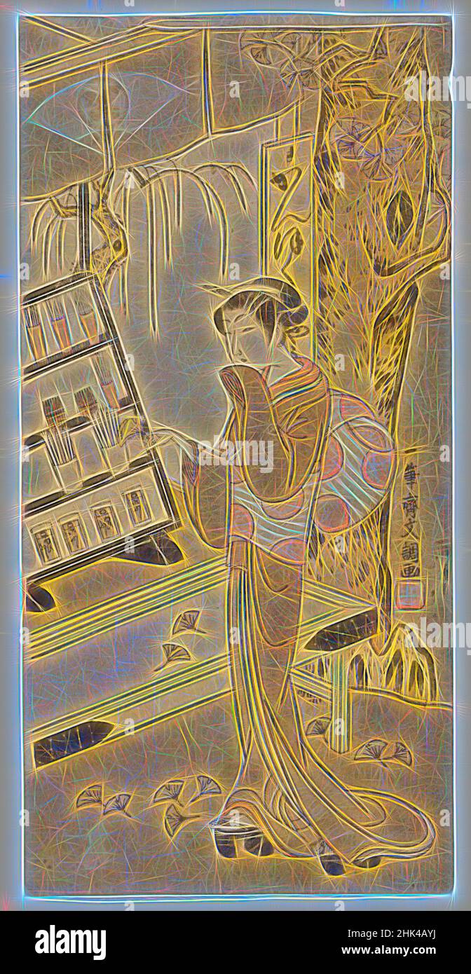 Ispirato al negozio di spazzolino da denti, Yanagi-ya, Ippitsudai Buncho, giapponese, 1725-1794, Attivo 1765-1780, stampa legno a colori su carta, Giappone, ca. 1773, periodo Edo, 11 15/16 x 5 7/8 pollici, 30,4 x 14,9 cm, asiatico, giapponese, kimono, stampa, Spazzolino da denti, donna, reinventato da Artotop. L'arte classica reinventata con un tocco moderno. Design di calda e allegra luminosità e di raggi di luce. La fotografia si ispira al surrealismo e al futurismo, abbracciando l'energia dinamica della tecnologia moderna, del movimento, della velocità e rivoluzionando la cultura Foto Stock
