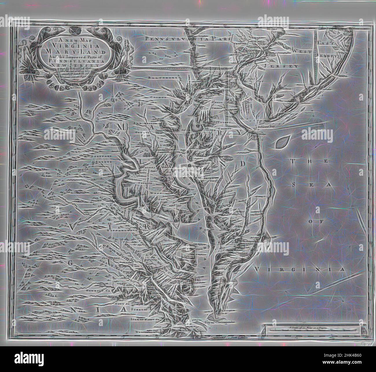 Ispirato da Una Nuova mappa della Virginia, Maryland, e le parti migliorate della Pennsylvania e del New Jersey, rivisto da John Senex, britannico, attivo 1690-1740, incisione su carta, 1721, 19 1/4 x 22 pollici, 48,9 x 55,9 cm, reinventato da Artotop. L'arte classica reinventata con un tocco moderno. Design di calda e allegra luminosità e di raggi di luce. La fotografia si ispira al surrealismo e al futurismo, abbracciando l'energia dinamica della tecnologia moderna, del movimento, della velocità e rivoluzionando la cultura Foto Stock