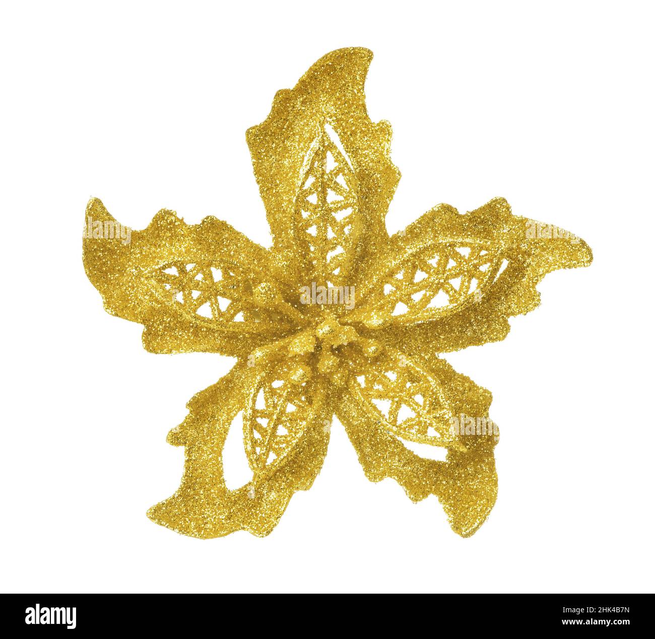 Vista frontale della decorazione di fiori di glitter dorati isolati su bianco Foto Stock