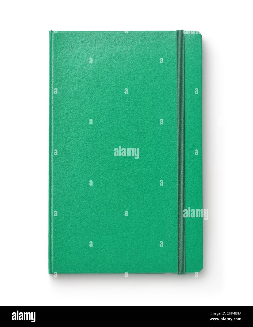Vista frontale del notebook verde con coperchio rigido bianco isolato su bianco Foto Stock