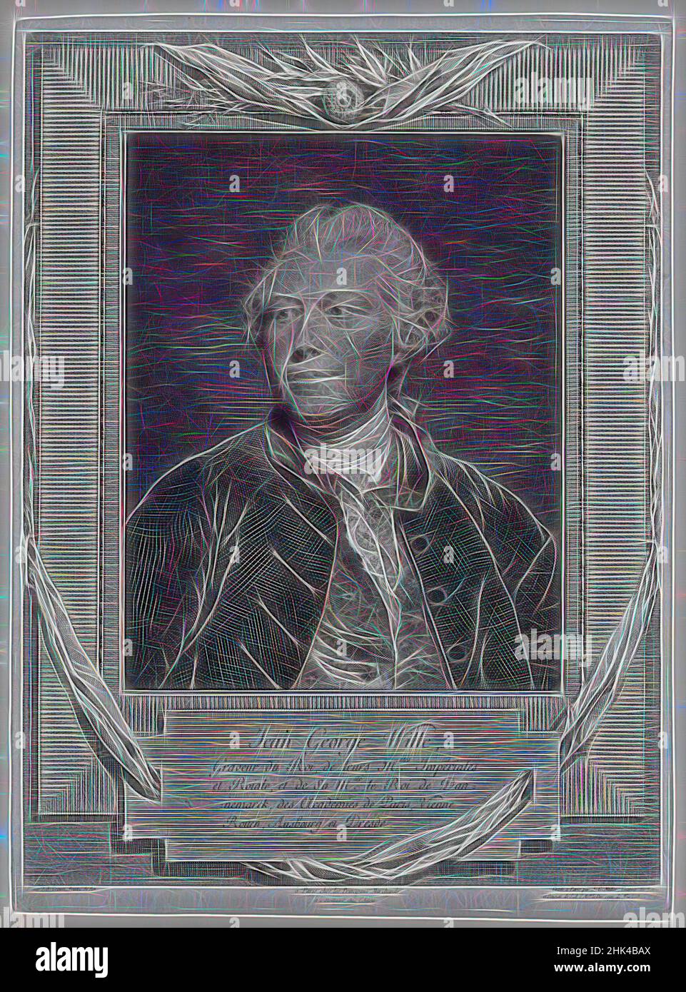 Ispirata a Jean George Wille, incisione a filo su carta ovata, 1775-1776, 11 7/16 x 8 1/2 pollici, 29 x 21,6 cm, reinventata da Artotop. L'arte classica reinventata con un tocco moderno. Design di calda e allegra luminosità e di raggi di luce. La fotografia si ispira al surrealismo e al futurismo, abbracciando l'energia dinamica della tecnologia moderna, del movimento, della velocità e rivoluzionando la cultura Foto Stock