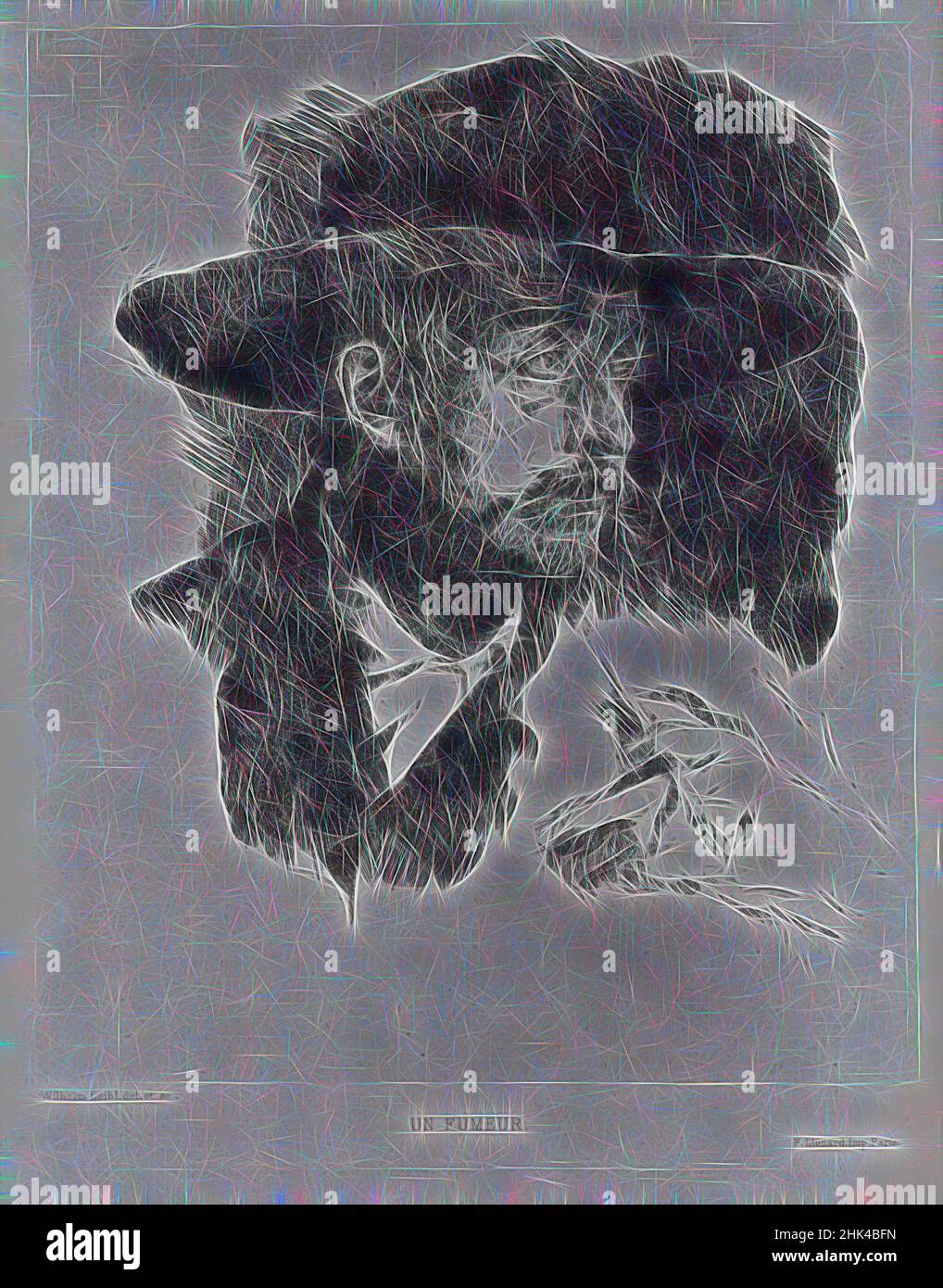 Ispirato da un Fumeur, Wilhelm Leibl, tedesco, 1844-1900, incisione su carta stampata, 8 15/16 x 7 3/8 pollici, 22,7 x 18,7 cm, reinventato da Artotop. L'arte classica reinventata con un tocco moderno. Design di calda e allegra luminosità e di raggi di luce. La fotografia si ispira al surrealismo e al futurismo, abbracciando l'energia dinamica della tecnologia moderna, del movimento, della velocità e rivoluzionando la cultura Foto Stock