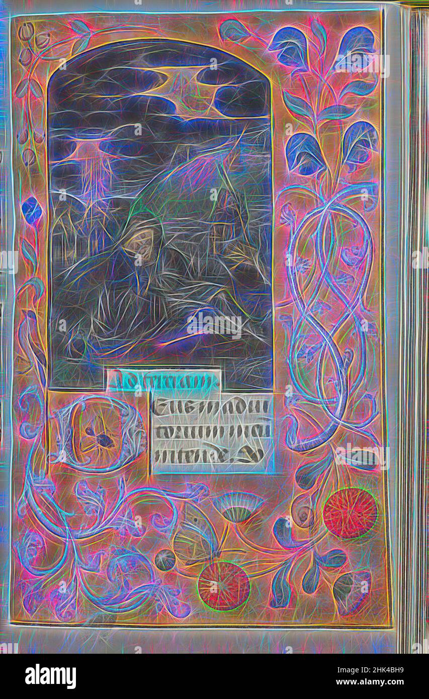 Ispirato da Horae Beatae Mariae Virginis, fiammingo, manoscritto con acquerello opaco e inchiostro dorato, ca. 1510-1530, 6 3/8 x 4 7/8 x 1 5/8 pollici, 16,2 x 12,4 x 4,1 cm, angelo, biblico, blu, libro, Libro di ore, farfalla, calligrafia, cristiano, fiore, santo, illuminato, latino, manoscritto, maria, Reinventato da Artotop. L'arte classica reinventata con un tocco moderno. Design di calda e allegra luminosità e di raggi di luce. La fotografia si ispira al surrealismo e al futurismo, abbracciando l'energia dinamica della tecnologia moderna, del movimento, della velocità e rivoluzionando la cultura Foto Stock