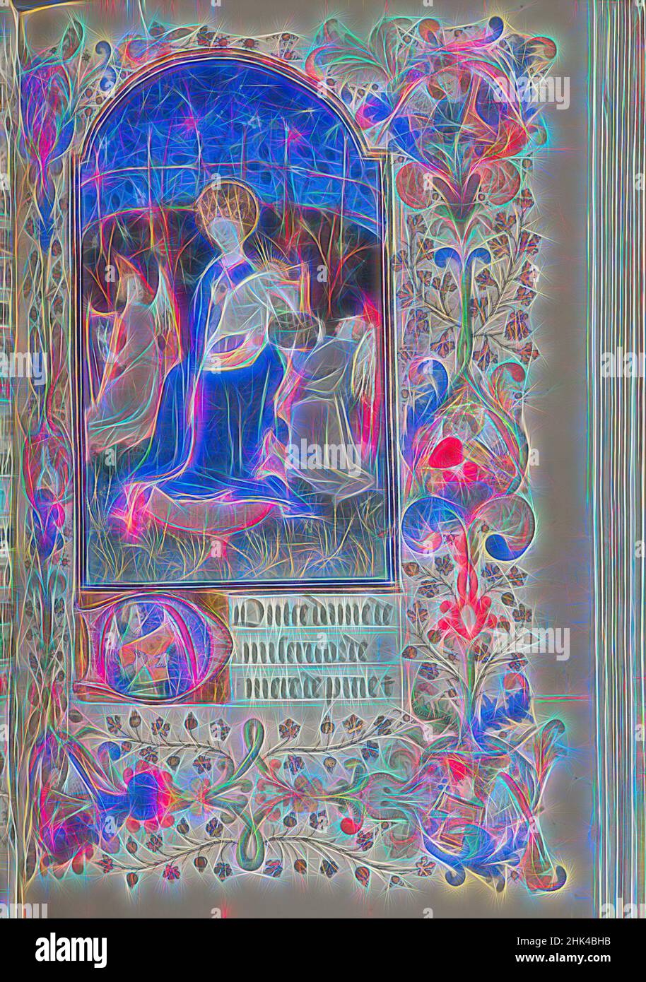 Ispirato da Horae Beatae Mariae Virginis, manoscritto in acquerello opaco e inchiostro dorato, ca. 1425-1460, libro: 8 x 5 3/4 x 2 3/8 pollici, 20,3 x 14,6 cm, Libro delle ore, calligrafia, cattolica, cristiana, Gotico, santo, illuminazione, latino, manoscritto, Medievale, religione, copione, Scrittura, Vergine Maria, Reinventato da Artotop. L'arte classica reinventata con un tocco moderno. Design di calda e allegra luminosità e di raggi di luce. La fotografia si ispira al surrealismo e al futurismo, abbracciando l'energia dinamica della tecnologia moderna, del movimento, della velocità e rivoluzionando la cultura Foto Stock