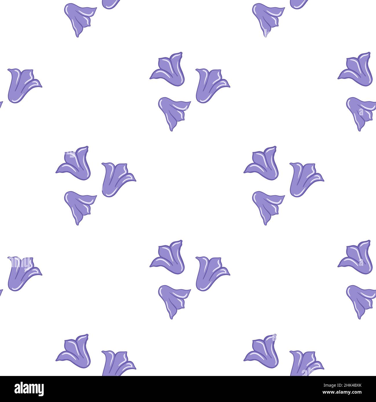 Motivo senza cuciture in fiore con silhouette viola a forma di campanellino. Isolato botanica natura fiori selvatici stampa. Stampa vettoriale piatta per tessuti, tessuti, giftwrap, Illustrazione Vettoriale