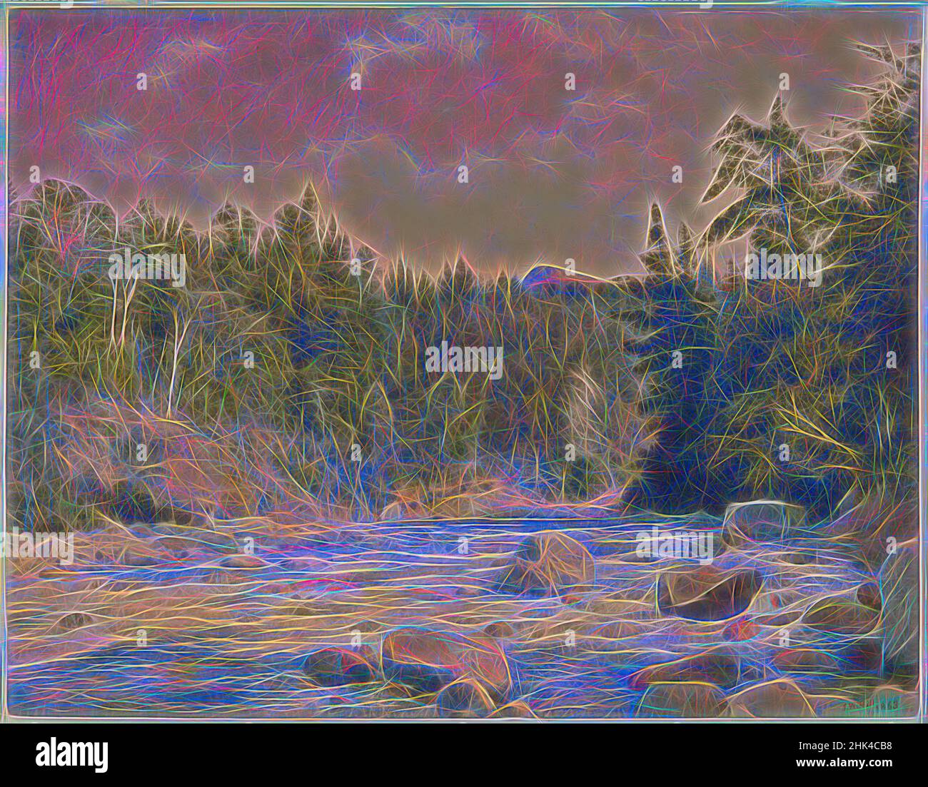 Ispirato da Mountain Stream, John William Hill, americano, 1812-1879, acquerello su grafite su carta ovata, 1863, foglio: 13 3/16 x 17 in., 33,5 x 43,2 cm, pittore americano, nuvole, foresta, paesaggio, metà 19th secolo, rocce, cielo, ruscello, alberi, Acquerello, reinventato da Artotop. L'arte classica reinventata con un tocco moderno. Design di calda e allegra luminosità e di raggi di luce. La fotografia si ispira al surrealismo e al futurismo, abbracciando l'energia dinamica della tecnologia moderna, del movimento, della velocità e rivoluzionando la cultura Foto Stock