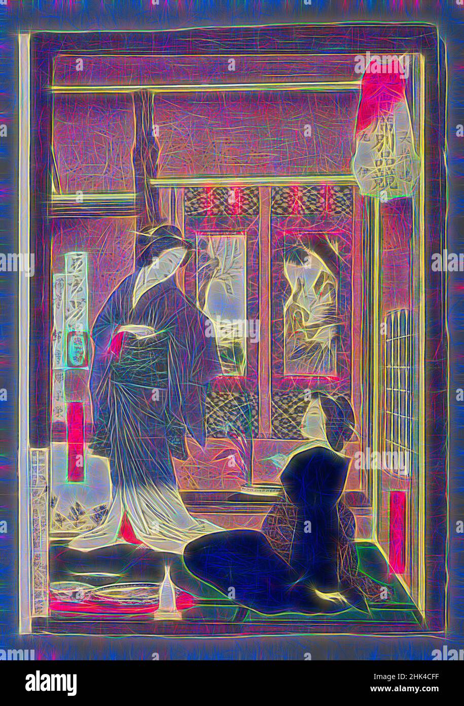 Ispirati dai cortigiani che preparano le attività serali, Tsukioka Yoshitoshi, 1839-1892, stampa a blocchi di legno, Giappone, 1889, Meiji period, 14 x 9 7/8 pollici, 35,6 x 25,1 cm, cortesani, medicazione, intrattenimento, geisha, Kimono, Signore, piacere, saki, toilette, Tsukioka Yoshitoshi, lavoro, donne lavoratrici, reinventato da Artotop. L'arte classica reinventata con un tocco moderno. Design di calda e allegra luminosità e di raggi di luce. La fotografia si ispira al surrealismo e al futurismo, abbracciando l'energia dinamica della tecnologia moderna, del movimento, della velocità e rivoluzionando la cultura Foto Stock