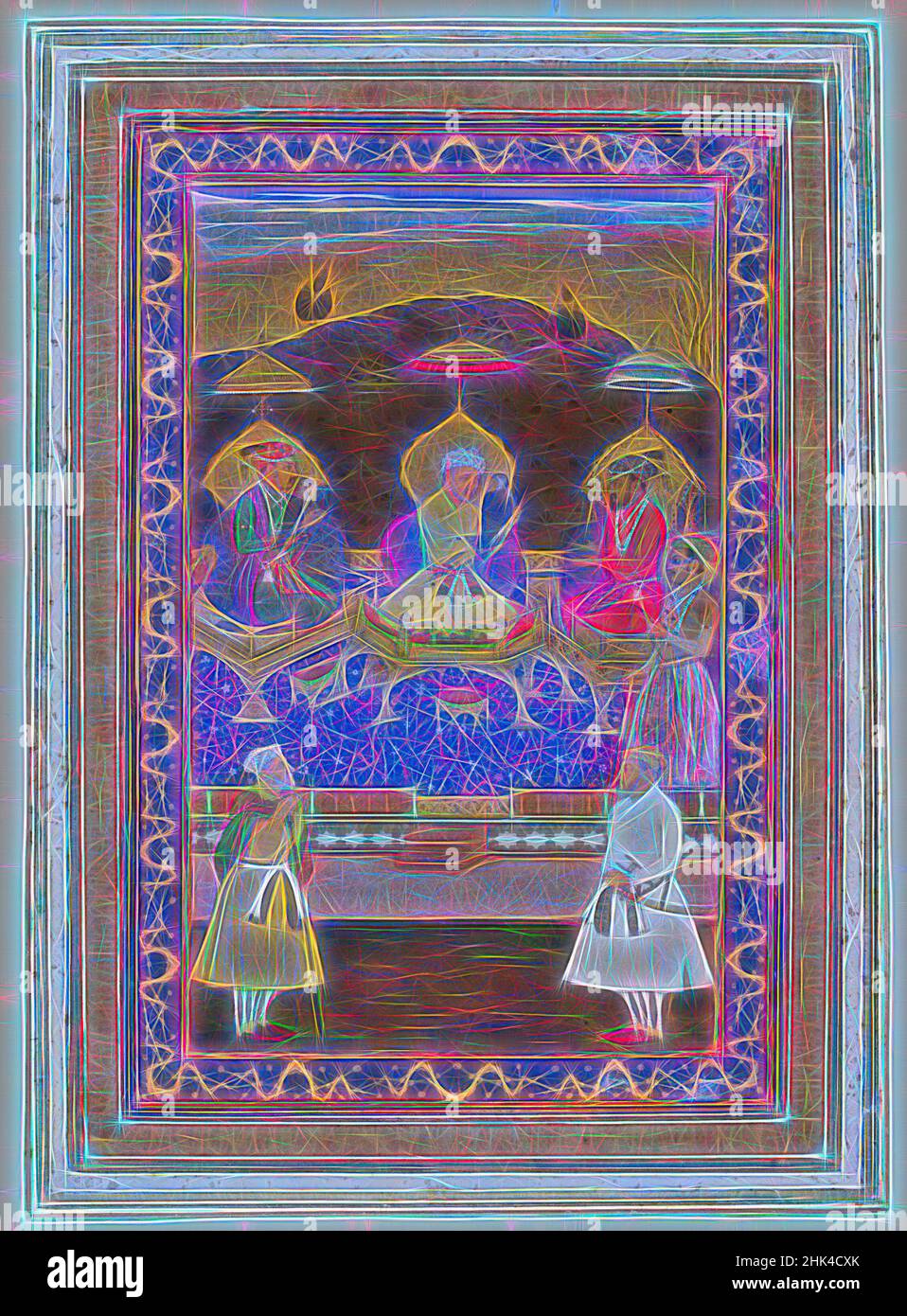 Ispirati dagli imperatori Akbar, Jahangir e Shah Jahan con i loro ministri e il principe Dara Shikoh, Chitaraman, indiano, acquerello opaco e oro su carta, India, ca. 1630-1640, dinastia Mughal, 22 x 32 pollici, 55,9 x 81,3 cm, bekar, corte, dara, falco, Cacciatori, arte indiana, pittura, potere, reale, Reinventato da Artotop. L'arte classica reinventata con un tocco moderno. Design di calda e allegra luminosità e di raggi di luce. La fotografia si ispira al surrealismo e al futurismo, abbracciando l'energia dinamica della tecnologia moderna, del movimento, della velocità e rivoluzionando la cultura Foto Stock