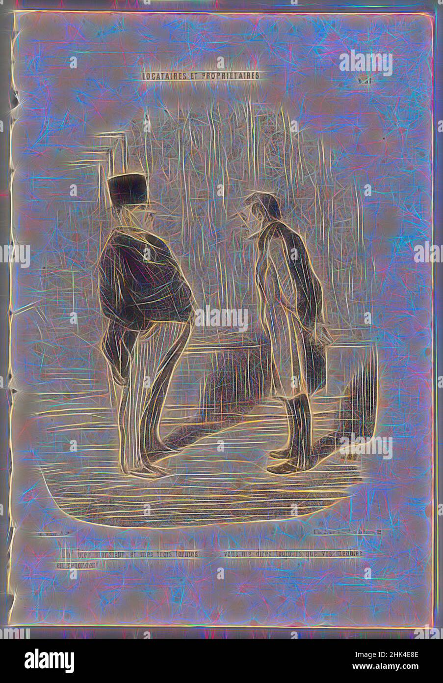 Ispirato da EH! Bien monsieur et mes trois termes...', Honoré Daumier, francese, 1808-1879, litografia su carta da giornale, Giugno 4, 1848, 14 1/8 x 9 3/4 pollici, 35,9 x 24,8 cm, reinventato da Artotop. L'arte classica reinventata con un tocco moderno. Design di calda e allegra luminosità e di raggi di luce. La fotografia si ispira al surrealismo e al futurismo, abbracciando l'energia dinamica della tecnologia moderna, del movimento, della velocità e rivoluzionando la cultura Foto Stock
