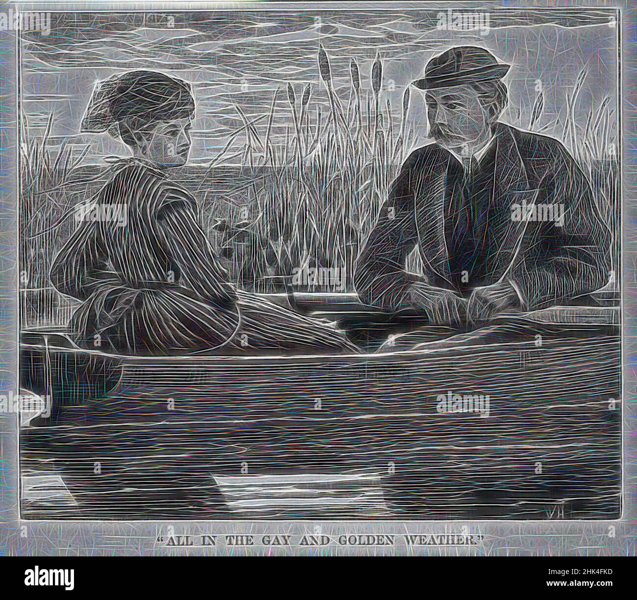 Ispirati da All in the Gay and Golden Weather', Winslow Homer, americano, 1836-1910, incisione in legno, 1869, immagine: 5 1/2 x 6 1/2 pollici, 14 x 16,5 cm, 1869, corteggiamento, barca a remi, Winslow Homer, Donna, reinventata da Artotop. L'arte classica reinventata con un tocco moderno. Design di calda e allegra luminosità e di raggi di luce. La fotografia si ispira al surrealismo e al futurismo, abbracciando l'energia dinamica della tecnologia moderna, del movimento, della velocità e rivoluzionando la cultura Foto Stock Ispirati da All in the Gay and Golden Weather', Winslow Homer, americano, 1836-1910, incisione in legno, 1869, immagine: 5 1/2 x 6 1/2 pollici, 14 x 16,5 cm, 1869, corteggiamento, barca a remi, Winslow Homer, Donna, reinventata da Artotop. L'arte classica reinventata con un tocco moderno. Design di calda e allegra luminosità e di raggi di luce. La fotografia si ispira al surrealismo e al futurismo, abbracciando l'energia dinamica della tecnologia moderna, del movimento, della velocità e rivoluzionando la cultura Foto Stock