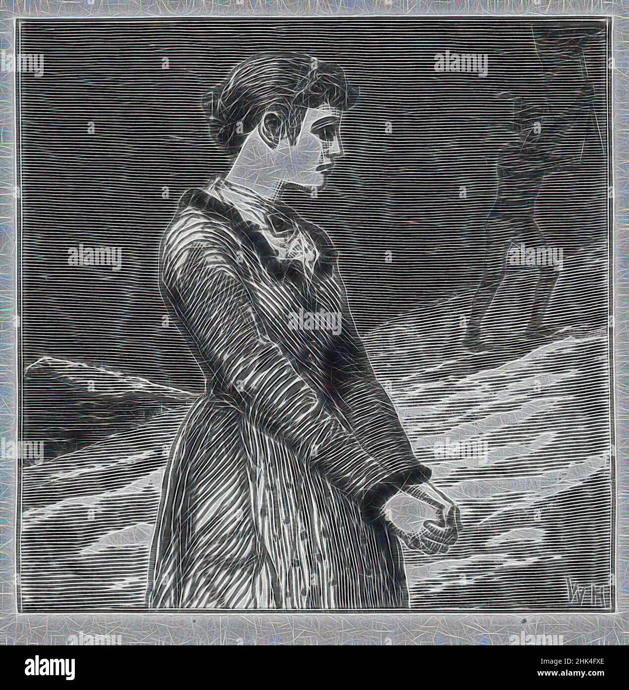 Ispirato a "o Stay!" The Maiden Said', Winslow Homer, American, 1836-1910, incisione del legno, 1878, immagine: 2 1/8 x 2 1/8 pollici, 5,4 x 5,4 cm, 1878, legno, reinventato da Artotop. L'arte classica reinventata con un tocco moderno. Design di calda e allegra luminosità e di raggi di luce. La fotografia si ispira al surrealismo e al futurismo, abbracciando l'energia dinamica della tecnologia moderna, del movimento, della velocità e rivoluzionando la cultura Foto Stock