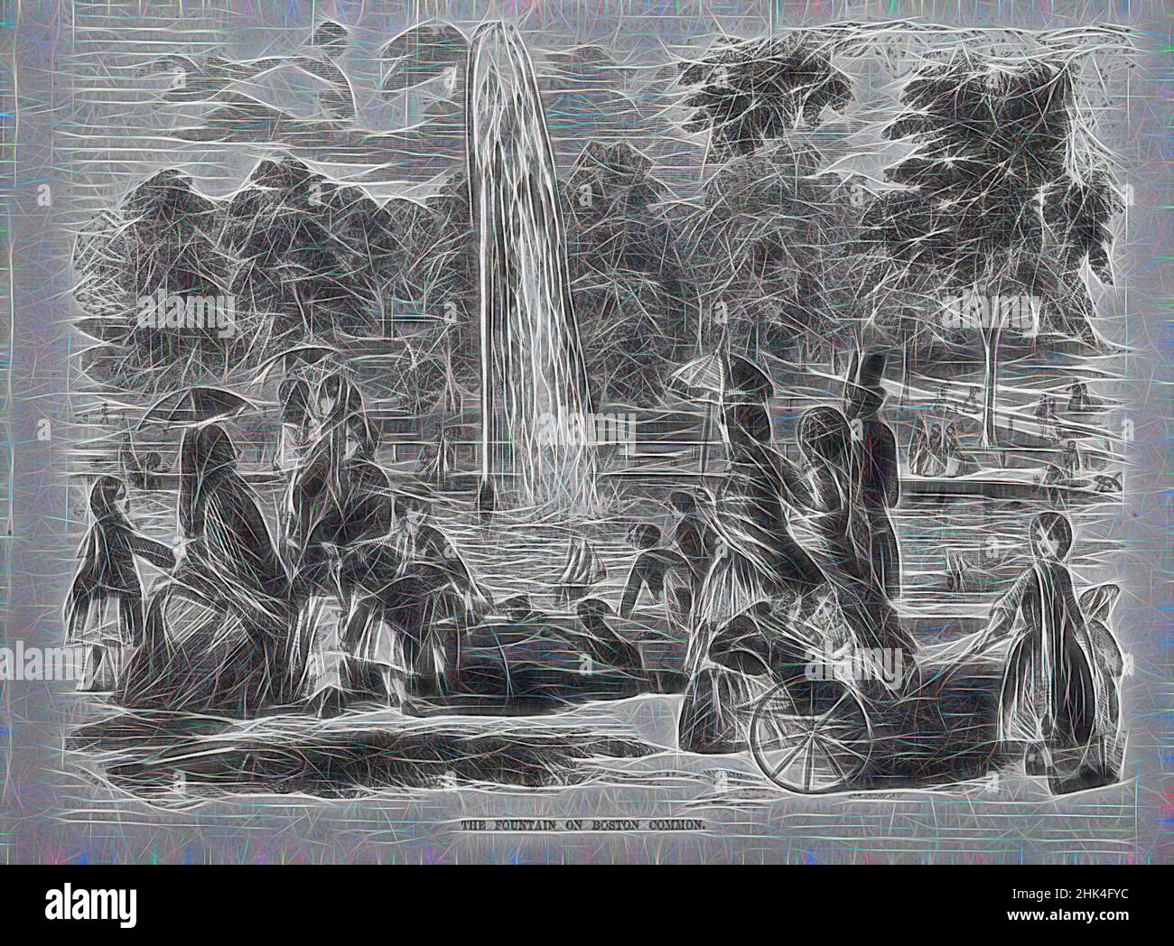 Ispirato alla Fontana su Boston Common, Winslow Homer, americano, 1836-1910, incisione di legno, 1857, foglio: 15 x 11 1/8 pollici, 38,1 x 28,3 cm, reinventato da Artotop. L'arte classica reinventata con un tocco moderno. Design di calda e allegra luminosità e di raggi di luce. La fotografia si ispira al surrealismo e al futurismo, abbracciando l'energia dinamica della tecnologia moderna, del movimento, della velocità e rivoluzionando la cultura Foto Stock