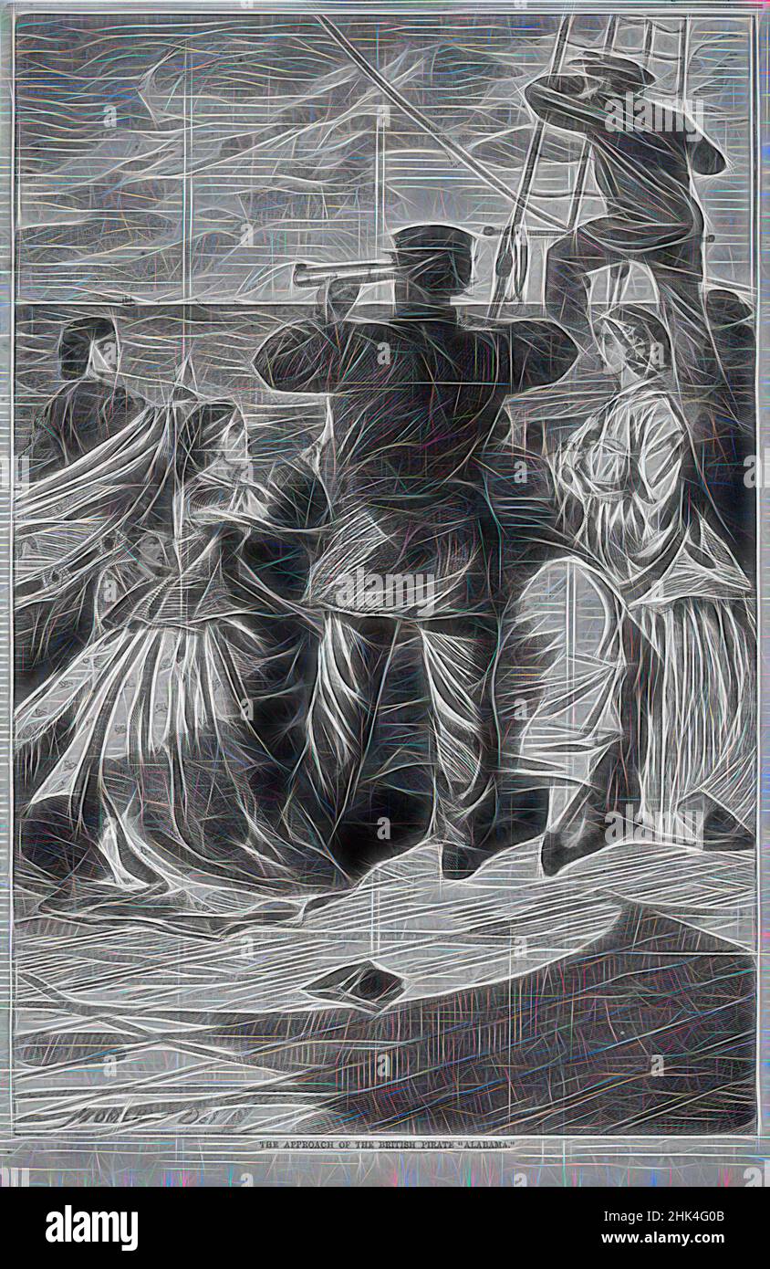 Ispirato dall'approccio del pirata britannico 'Alabama', Winslow Homer, americano, 1836-1910, incisione del legno, 1863, immagine: 13 3/4 x 9 1/8 pollici, 34,9 x 23,2 cm, 1863, spiaggia, corridore di blocco, confederato, Figure, Signore, Spyglass, Winslow Homer, reinventato da Artotop. L'arte classica reinventata con un tocco moderno. Design di calda e allegra luminosità e di raggi di luce. La fotografia si ispira al surrealismo e al futurismo, abbracciando l'energia dinamica della tecnologia moderna, del movimento, della velocità e rivoluzionando la cultura Foto Stock