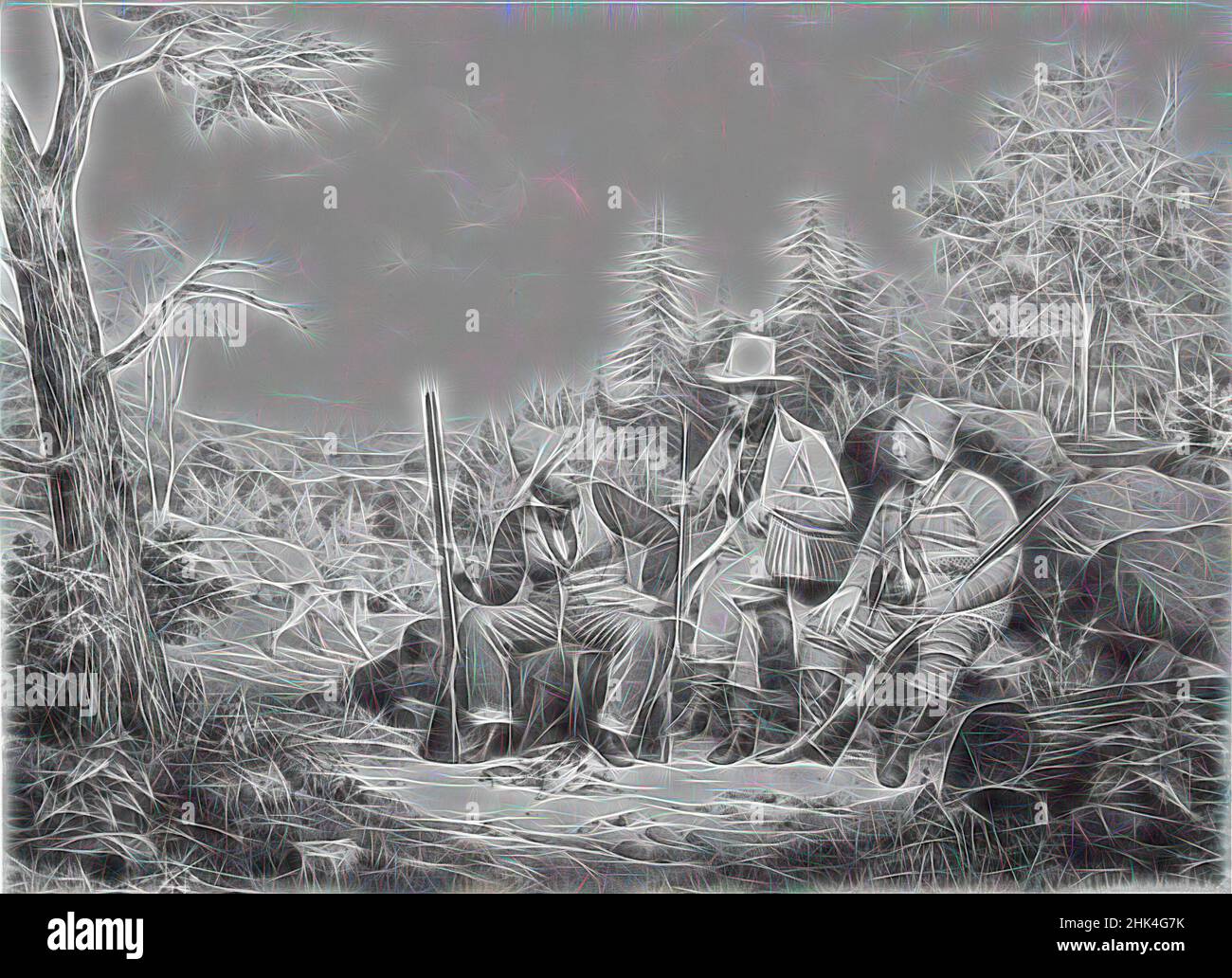 Ispirato a Sporting, Shooting Party, Litograph, 1844, foglio: 18 5/8 x 23 15/16 pollici, 47,3 x 60,8 cm, reinventato da Artotop. L'arte classica reinventata con un tocco moderno. Design di calda e allegra luminosità e di raggi di luce. La fotografia si ispira al surrealismo e al futurismo, abbracciando l'energia dinamica della tecnologia moderna, del movimento, della velocità e rivoluzionando la cultura Foto Stock