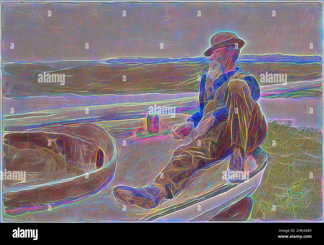 Ispirato da recto: [Untitled], Man in Boat, Thomas Pollock Anshutz, americano, 1851-1912, Acquerello su grafite, recto e verso su crema, carta ovata di spessore moderato, leggermente testurizzata, 1894, 8 13/16 x 12 15/16 in., 22,4 x 32,9 cm, 1894, spiaggia, barca, cappello, Figura maschile, uomo, ricreazione, relax, reinventato da Artotop. L'arte classica reinventata con un tocco moderno. Design di calda e allegra luminosità e di raggi di luce. La fotografia si ispira al surrealismo e al futurismo, abbracciando l'energia dinamica della tecnologia moderna, del movimento, della velocità e rivoluzionando la cultura Foto Stock