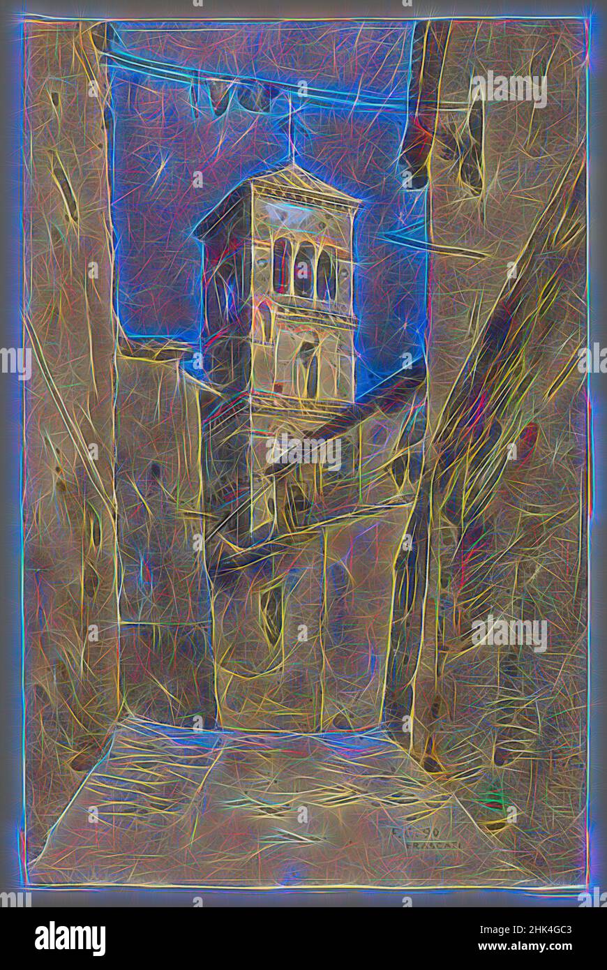 Ispirato dal Campanile Vecchio, Frascati, Frederic CrowninShield, americano, 1845-1918, Acquerello, 22 x 14 1/4 pollici, 55,9 x 36,2 cm, reinventato da Artotop. L'arte classica reinventata con un tocco moderno. Design di calda e allegra luminosità e di raggi di luce. La fotografia si ispira al surrealismo e al futurismo, abbracciando l'energia dinamica della tecnologia moderna, del movimento, della velocità e rivoluzionando la cultura Foto Stock