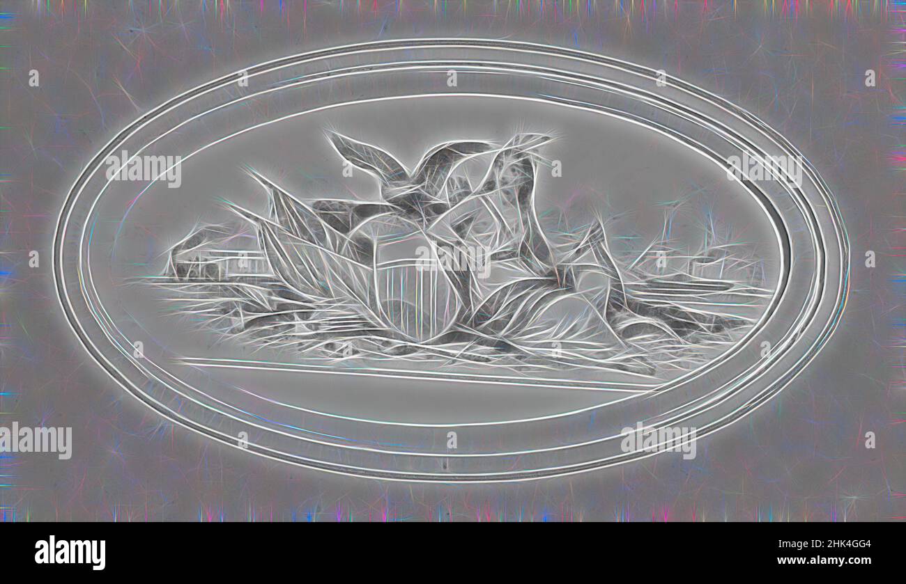 Ispirato a Vignette L, americano, acquerello e grafite, 1840s-1850s, 4 5/8 x 2 5/8 pollici, 11,7 x 6,7 cm, reinventato da Artotop. L'arte classica reinventata con un tocco moderno. Design di calda e allegra luminosità e di raggi di luce. La fotografia si ispira al surrealismo e al futurismo, abbracciando l'energia dinamica della tecnologia moderna, del movimento, della velocità e rivoluzionando la cultura Foto Stock
