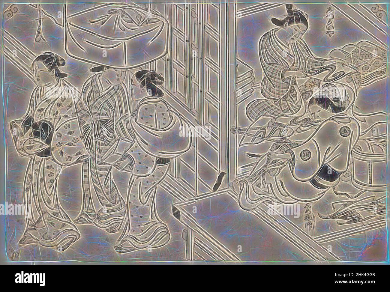 Ispirata alla produzione di Brocade da parte delle donne, Nishikawa Sukenobu, giapponese, 1671-1750, stampa a blocchi di legno su carta, Giappone, ca. 1730-1736, periodo Edo, immagine: 13 7/8 x 9 3/8 pollici, 35,2 x 23,8 cm, asia, vita quotidiana, Giappone, giapponese, Kimono, contorni, tessuti, reinventato da Artotop. L'arte classica reinventata con un tocco moderno. Design di calda e allegra luminosità e di raggi di luce. La fotografia si ispira al surrealismo e al futurismo, abbracciando l'energia dinamica della tecnologia moderna, del movimento, della velocità e rivoluzionando la cultura Foto Stock