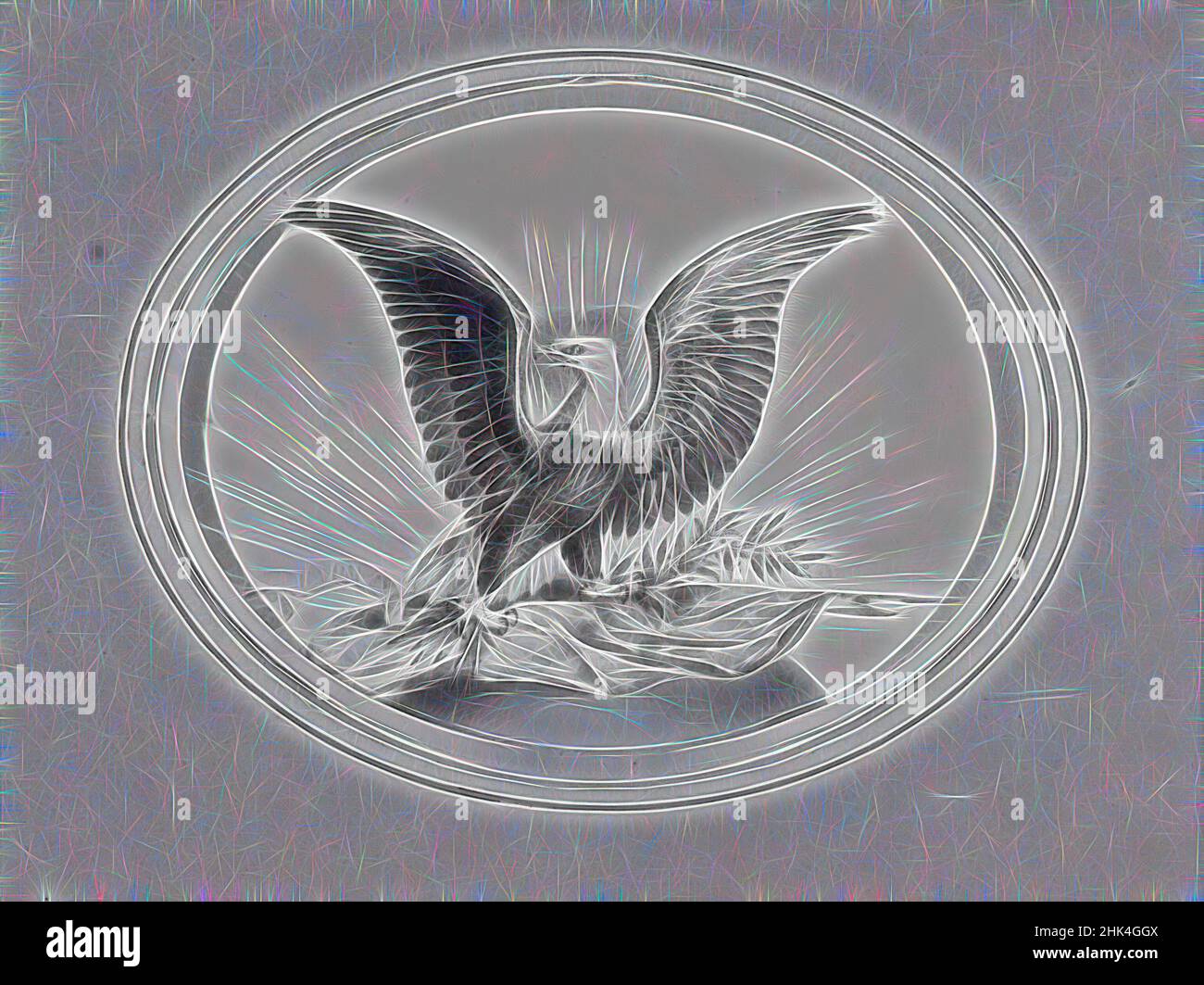 Ispirato a Vignette A, americano, acquerello e grafite, 1840s-1850s, 8 6/16 x 5 11/16 pollici, 21,3 x 14,4 cm, reinventato da Artotop. L'arte classica reinventata con un tocco moderno. Design di calda e allegra luminosità e di raggi di luce. La fotografia si ispira al surrealismo e al futurismo, abbracciando l'energia dinamica della tecnologia moderna, del movimento, della velocità e rivoluzionando la cultura Foto Stock