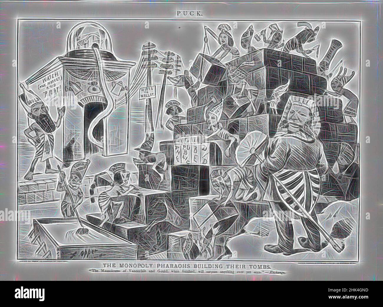 Ispirato da Cartoon, il monopolio Pharoah costruire le loro tombe, Frederick Burr Opper, americano, 1857-1937, carta stampata, 1883, 9 13/16 x 13 3/16 pollici, 24,9 x 33,5 cm, reinventato da Artotop. L'arte classica reinventata con un tocco moderno. Design di calda e allegra luminosità e di raggi di luce. La fotografia si ispira al surrealismo e al futurismo, abbracciando l'energia dinamica della tecnologia moderna, del movimento, della velocità e rivoluzionando la cultura Foto Stock