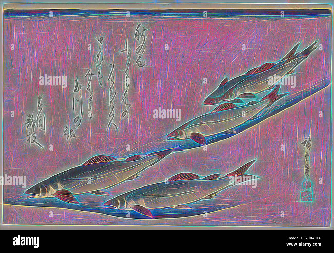 Ispirato alla trota, da una serie senza titolo conosciuta come selezione di pesce, dalla Serie Fish, Utagawa Hiroshige, Ando, giapponese, 1797-1858, Stampa a blocchi di legno a colori su carta, Giappone, ca. 1832-1833, periodo Edo, 9 3/4 x 14 7/16 pollici, 24,8 x 36,7 cm, acquatico, blu, pesce, caratteri giapponesi, Stampa giapponese, reinventata da Artotop. L'arte classica reinventata con un tocco moderno. Design di calda e allegra luminosità e di raggi di luce. La fotografia si ispira al surrealismo e al futurismo, abbracciando l'energia dinamica della tecnologia moderna, del movimento, della velocità e rivoluzionando la cultura Foto Stock