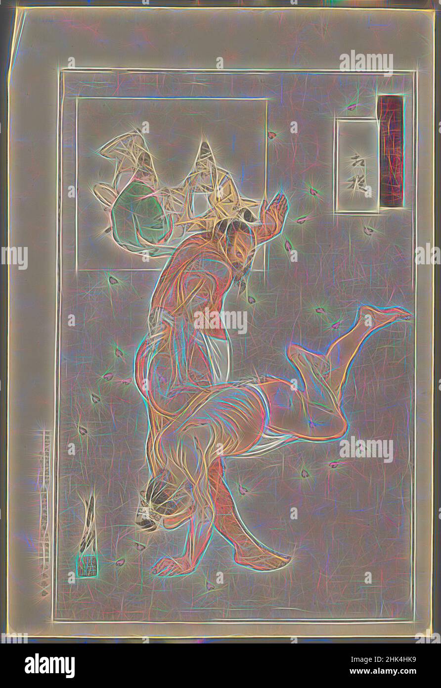 Ispirato da Sumō Wrestling, dalla serie Miscellany di Gekkō, dalla serie Gekko Zuihitsu, Ogata Gekko, giapponese, 1859-1920, stampa a blocchi di legno a colori su carta, Giappone, 1896, Meiji period, 14 5/8 x 9 7/8 in., 37,1 x 25,1 cm, giapponese, reimmaginato da Artotop. L'arte classica reinventata con un tocco moderno. Design di calda e allegra luminosità e di raggi di luce. La fotografia si ispira al surrealismo e al futurismo, abbracciando l'energia dinamica della tecnologia moderna, del movimento, della velocità e rivoluzionando la cultura Foto Stock