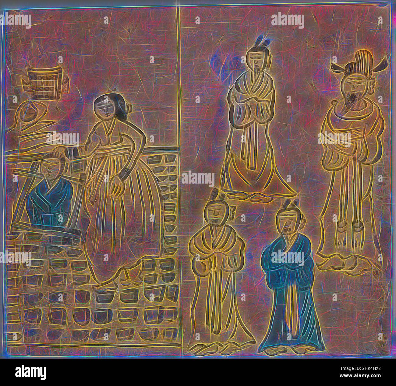 Ispirato da Genre Scene, 1 del 4, inchiostro e colore su carta, Corea, 19th secolo, dinastia Joseon, 9 13/16 x 9 1/16 pollici, 25 x 23 cm, reinventato da Artotop. L'arte classica reinventata con un tocco moderno. Design di calda e allegra luminosità e di raggi di luce. La fotografia si ispira al surrealismo e al futurismo, abbracciando l'energia dinamica della tecnologia moderna, del movimento, della velocità e rivoluzionando la cultura Foto Stock