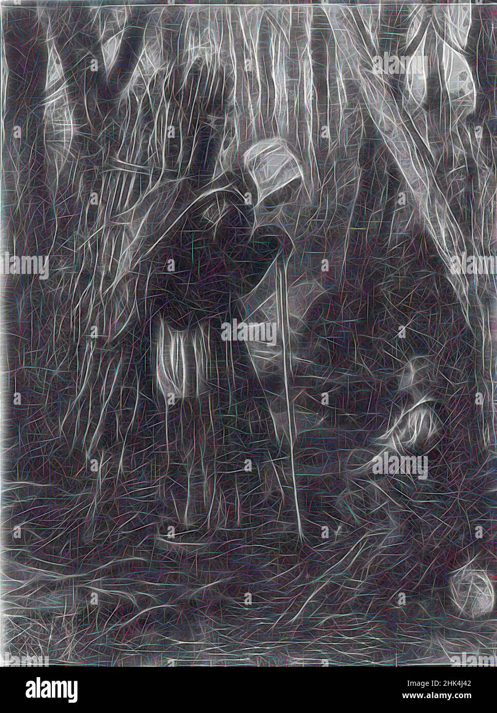 Ispirato da Old Woman e Boy in a Forest, Alexandre-Gabriel Decamps, francese, 1803-1860, olio su tela, Europa, ca. 1848-1849, 13 x 9 3/4 pollici, 33,0 x 24,8 cm, reinventato da Artotop. L'arte classica reinventata con un tocco moderno. Design di calda e allegra luminosità e di raggi di luce. La fotografia si ispira al surrealismo e al futurismo, abbracciando l'energia dinamica della tecnologia moderna, del movimento, della velocità e rivoluzionando la cultura Foto Stock