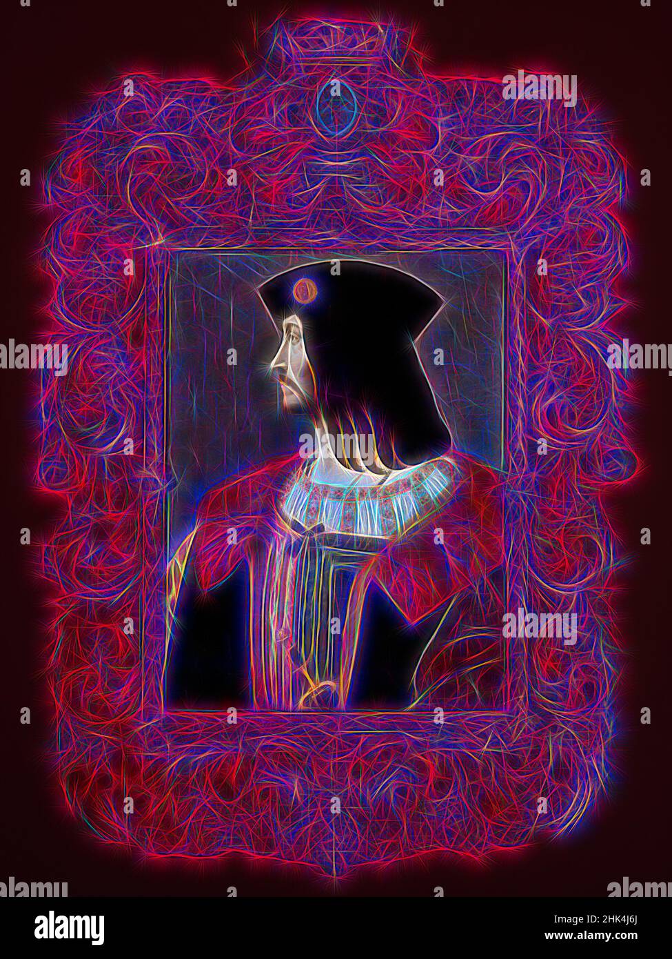 Ispirato dal Ritratto di Catellano Trivulzio, Bernardino de'conti, Scuola Italiana Milanese, documentato 1494-1522, Tempera e olio su pannello, Milano, Italia, 1505, 29 1/8 x 22 1/4 pollici, 74 x 56,5 cm, barba, Catellano Trivuizio, cheveux, Abbigliamento, costume, europeo, fourrure, pelliccia, Grand, hair, Healy, Reimagined by Artotop. L'arte classica reinventata con un tocco moderno. Design di calda e allegra luminosità e di raggi di luce. La fotografia si ispira al surrealismo e al futurismo, abbracciando l'energia dinamica della tecnologia moderna, del movimento, della velocità e rivoluzionando la cultura Foto Stock