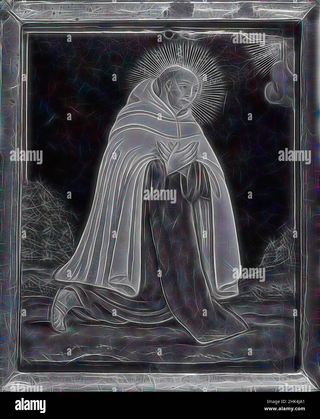 Ispirato a Monk in preghiera con White Robe, smalto dipinto su piastra di rame, 4 3/16 x 3 6/16 pollici, 10,6 x 8,6 cm, reinventato da Artotop. L'arte classica reinventata con un tocco moderno. Design di calda e allegra luminosità e di raggi di luce. La fotografia si ispira al surrealismo e al futurismo, abbracciando l'energia dinamica della tecnologia moderna, del movimento, della velocità e rivoluzionando la cultura Foto Stock