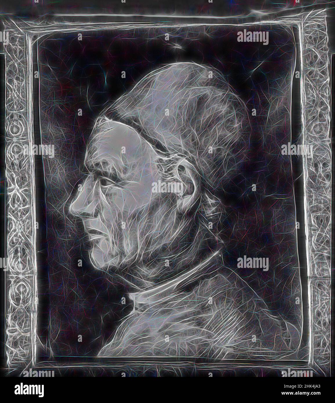 Ispirato a Ritratto di un uomo nel profilo, smalto dipinto su piastra di rame, 4 3/4 x 3 13/16 pollici, 12,1 x 9,7 cm, reinventato da Artotop. L'arte classica reinventata con un tocco moderno. Design di calda e allegra luminosità e di raggi di luce. La fotografia si ispira al surrealismo e al futurismo, abbracciando l'energia dinamica della tecnologia moderna, del movimento, della velocità e rivoluzionando la cultura Foto Stock