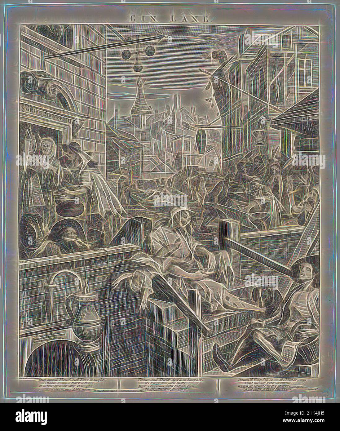 Ispirato a Gin Lane, William Hogarth, britannico, 1697-1764, incisione su carta stampata, 1751, 15 3/8 x 12 3/4 pollici, 39 x 32,4 cm, reinventato da Artotop. L'arte classica reinventata con un tocco moderno. Design di calda e allegra luminosità e di raggi di luce. La fotografia si ispira al surrealismo e al futurismo, abbracciando l'energia dinamica della tecnologia moderna, del movimento, della velocità e rivoluzionando la cultura Foto Stock