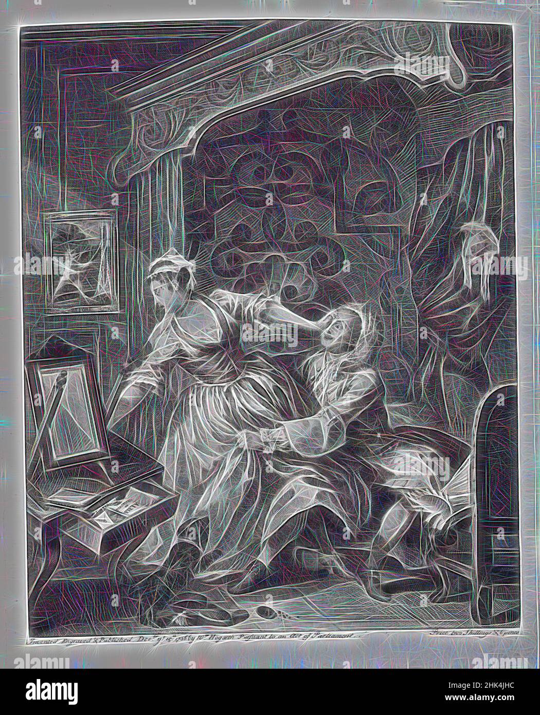 Ispirato da Before from 'Before and After', William Hogarth, britannico, 1697-1764, incisione su carta stampata, 1736, 16 7/8 x 12 15/16 in., 42,8 x 32,9 cm, reinventato da Artotop. L'arte classica reinventata con un tocco moderno. Design di calda e allegra luminosità e di raggi di luce. La fotografia si ispira al surrealismo e al futurismo, abbracciando l'energia dinamica della tecnologia moderna, del movimento, della velocità e rivoluzionando la cultura Foto Stock