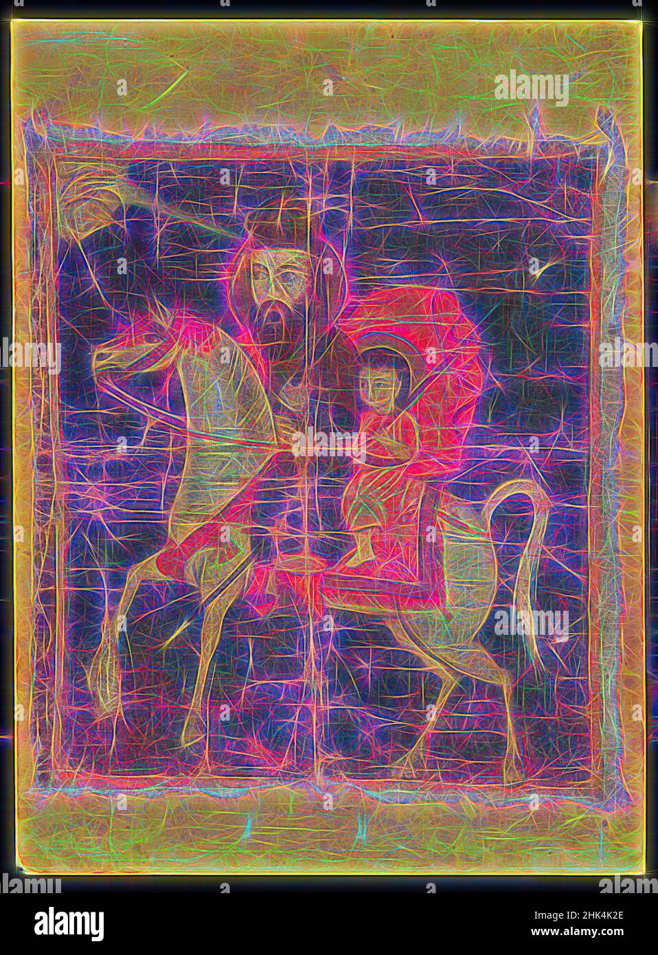 Ispirato da uomo e bambino montato su cavallo, olio su tessuto, 18th-19th secolo, Qajar, periodo Qajar, 28 x 24 pollici, 71,1 x 61 cm, animale, bambino, cavallo, uomo, Dipinto ad olio, reinventato da Artotop. L'arte classica reinventata con un tocco moderno. Design di calda e allegra luminosità e di raggi di luce. La fotografia si ispira al surrealismo e al futurismo, abbracciando l'energia dinamica della tecnologia moderna, del movimento, della velocità e rivoluzionando la cultura Foto Stock