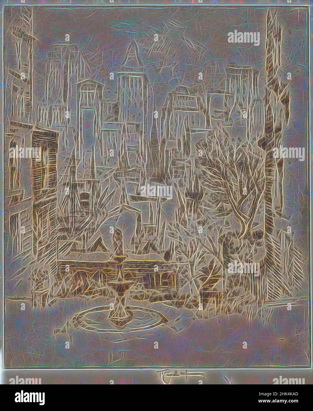 Ispirato da Clark Street a Wall Street, Joseph Pennell, americano, 1860-1926, etching, 1924, immagine: 8 7/8 x 7 1/2 pollici, 22,5 x 19 cm, bevande, cibo, reinventato da Artotop. L'arte classica reinventata con un tocco moderno. Design di calda e allegra luminosità e di raggi di luce. La fotografia si ispira al surrealismo e al futurismo, abbracciando l'energia dinamica della tecnologia moderna, del movimento, della velocità e rivoluzionando la cultura Foto Stock