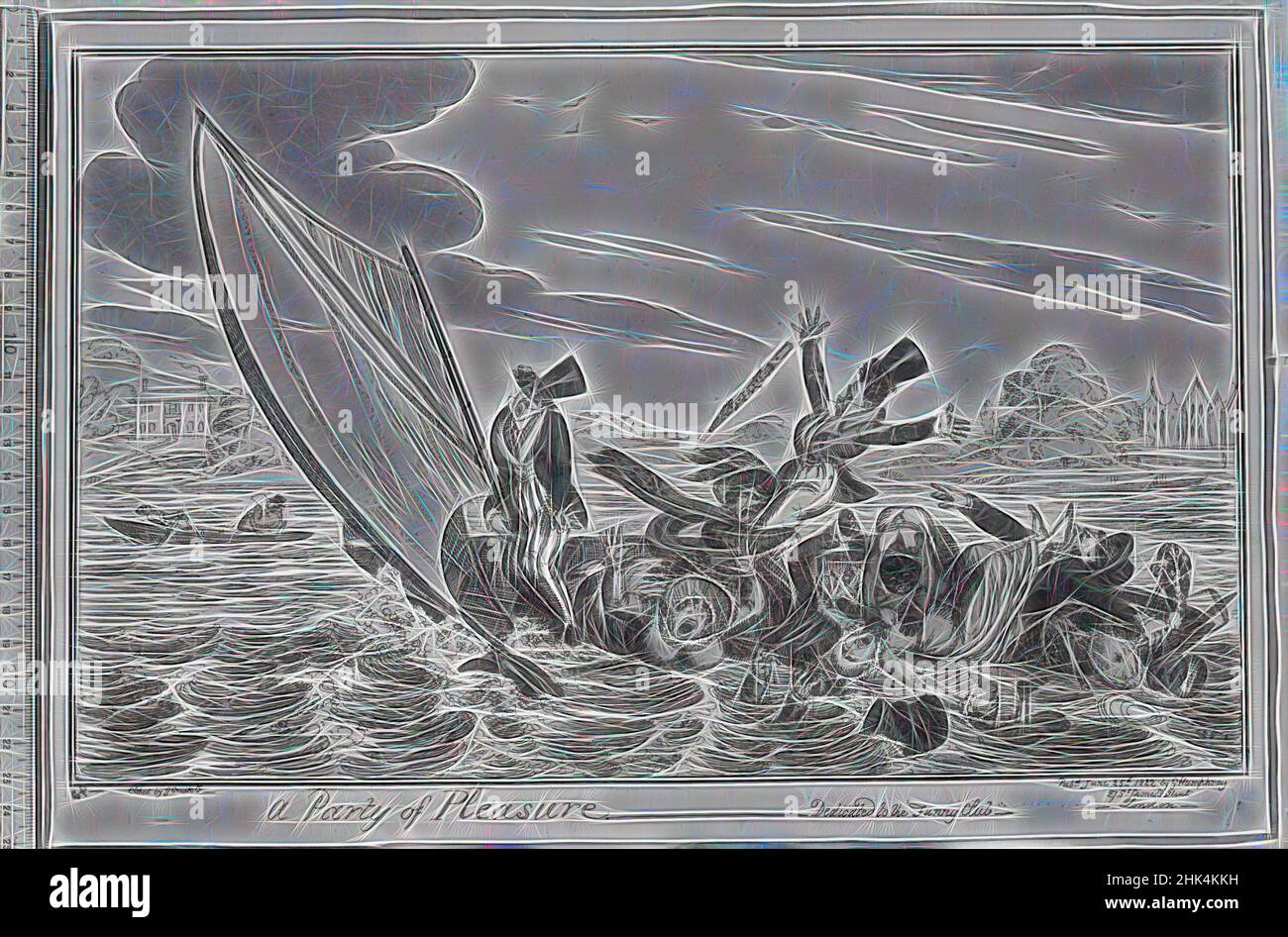 Ispirato da Un partito di piacere, George Cruikshank, britannico, 1792-1878, etching, Carta a mano su carta stropicciati, 1822, 10 1/4 x 14 15/16 pollici, 26,1 x 37,9 cm, reinventata da Artotop. L'arte classica reinventata con un tocco moderno. Design di calda e allegra luminosità e di raggi di luce. La fotografia si ispira al surrealismo e al futurismo, abbracciando l'energia dinamica della tecnologia moderna, del movimento, della velocità e rivoluzionando la cultura Foto Stock