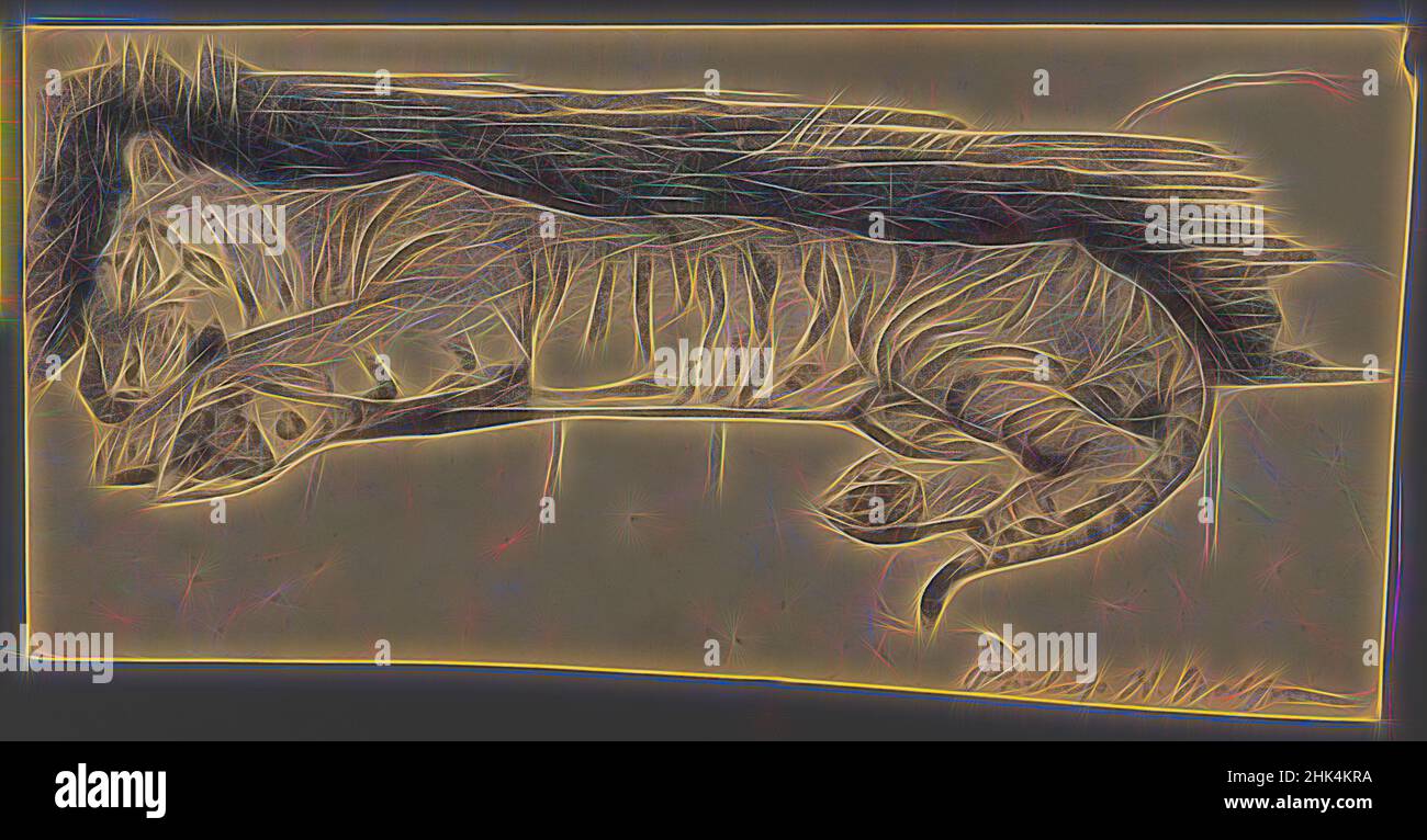 Ispirato da Sleeping Tiger, Philip H. Wolfrom, americano, 1870-1904, carbone su carta, N.d., foglio: 6 3/8 x 12 7/16 pollici, 16,2 x 31,6 cm, riimmaginato da Artotop. L'arte classica reinventata con un tocco moderno. Design di calda e allegra luminosità e di raggi di luce. La fotografia si ispira al surrealismo e al futurismo, abbracciando l'energia dinamica della tecnologia moderna, del movimento, della velocità e rivoluzionando la cultura Foto Stock