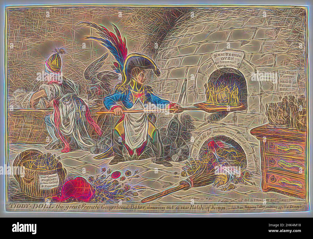 Ispirato da Tiddy-doll il grande panettiere francese di pan di zenzero che disegna un nuovo lotto dei re, James Gillray, britannico, 1757-1815, acquaforte e acquerello, Colorazione manuale su carta ovata, 1806, immagine: 9 3/8 x 14 3/8 pollici, 23,8 x 36,5 cm, cottura, caricatura, imperatori, epoca napoleonica, Forno, cartone animato politico, reinventato da Artotop. L'arte classica reinventata con un tocco moderno. Design di calda e allegra luminosità e di raggi di luce. La fotografia si ispira al surrealismo e al futurismo, abbracciando l'energia dinamica della tecnologia moderna, del movimento, della velocità e rivoluzionando la cultura Foto Stock