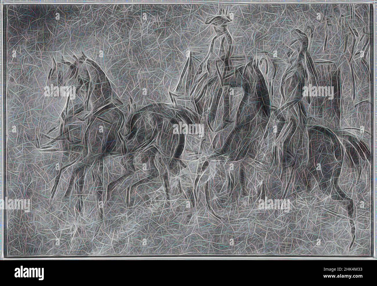 Ispirato da Calèche n° 3, Constantin Guys, francese, 1805-1892, matita, Carbone, e lavaggio su carta di vove, Francia, n.d., foglio: 6 3/4 x 9 1/2 in., 17,1 x 24,1 cm, reinventato da Artotop. L'arte classica reinventata con un tocco moderno. Design di calda e allegra luminosità e di raggi di luce. La fotografia si ispira al surrealismo e al futurismo, abbracciando l'energia dinamica della tecnologia moderna, del movimento, della velocità e rivoluzionando la cultura Foto Stock