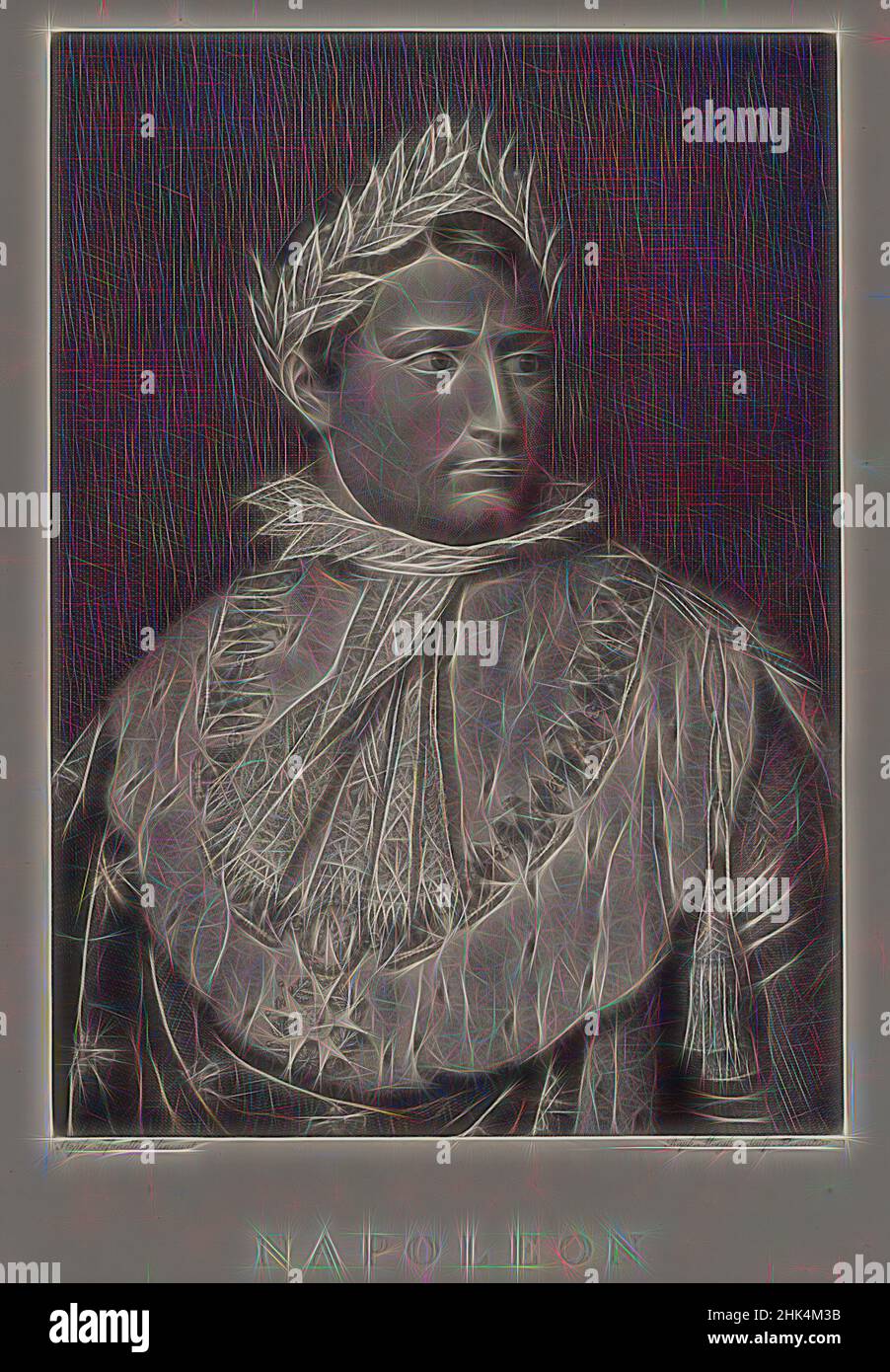 Ispirata a Napoleone, incisione su carta ovata, 20 1/8 x 14 5/16 pollici, 51,1 x 36,4 cm, reinventata da Artotop. L'arte classica reinventata con un tocco moderno. Design di calda e allegra luminosità e di raggi di luce. La fotografia si ispira al surrealismo e al futurismo, abbracciando l'energia dinamica della tecnologia moderna, del movimento, della velocità e rivoluzionando la cultura Foto Stock