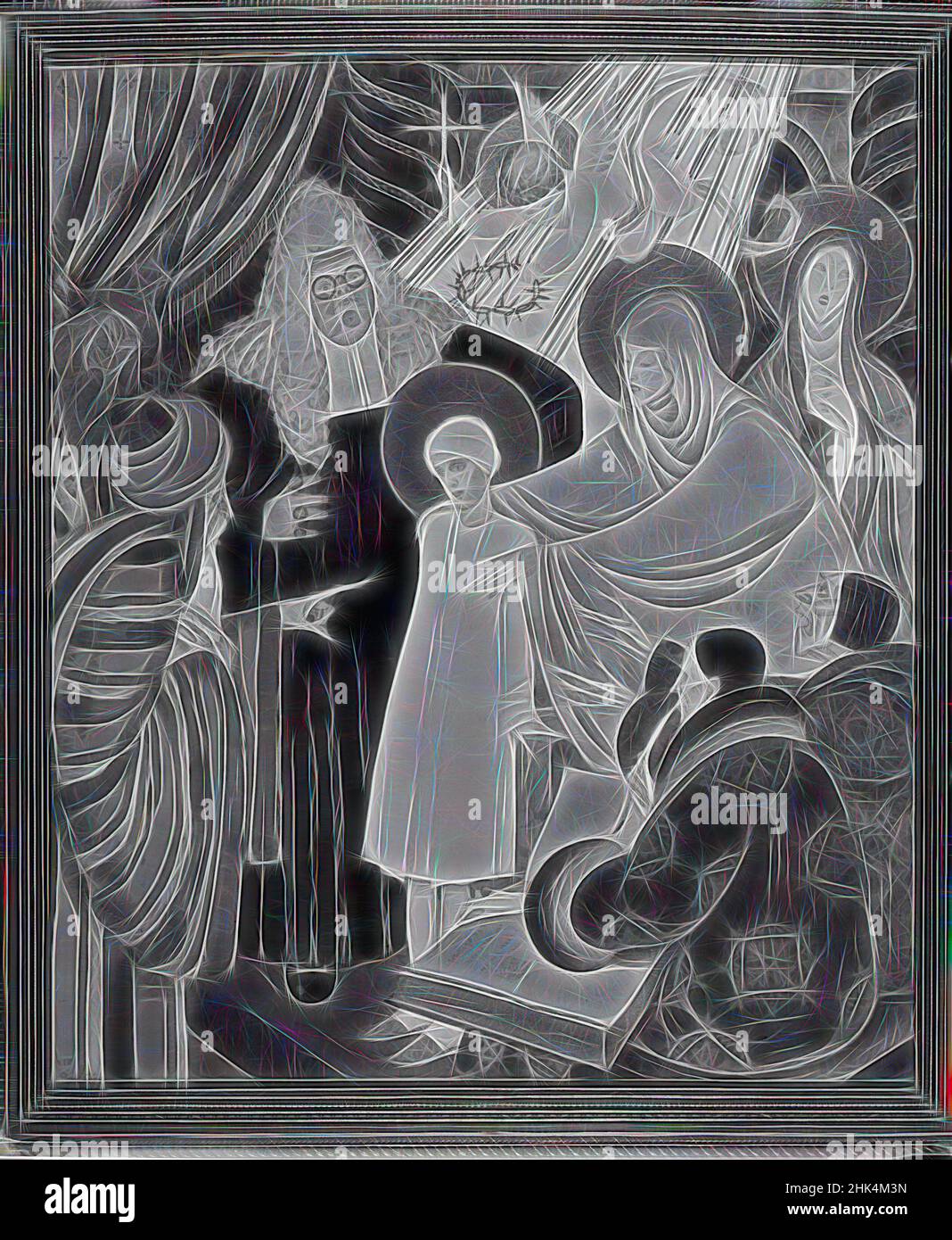 Ispirato da Cristo nel Tempio, Paul Thevenaz, Svizzero, 1891-1921, Watercolor, 1918, immagine: 3 1/16 x 2 11/16 pollici, 7,9 x 6,9 cm, reinventata da Artotop. L'arte classica reinventata con un tocco moderno. Design di calda e allegra luminosità e di raggi di luce. La fotografia si ispira al surrealismo e al futurismo, abbracciando l'energia dinamica della tecnologia moderna, del movimento, della velocità e rivoluzionando la cultura Foto Stock