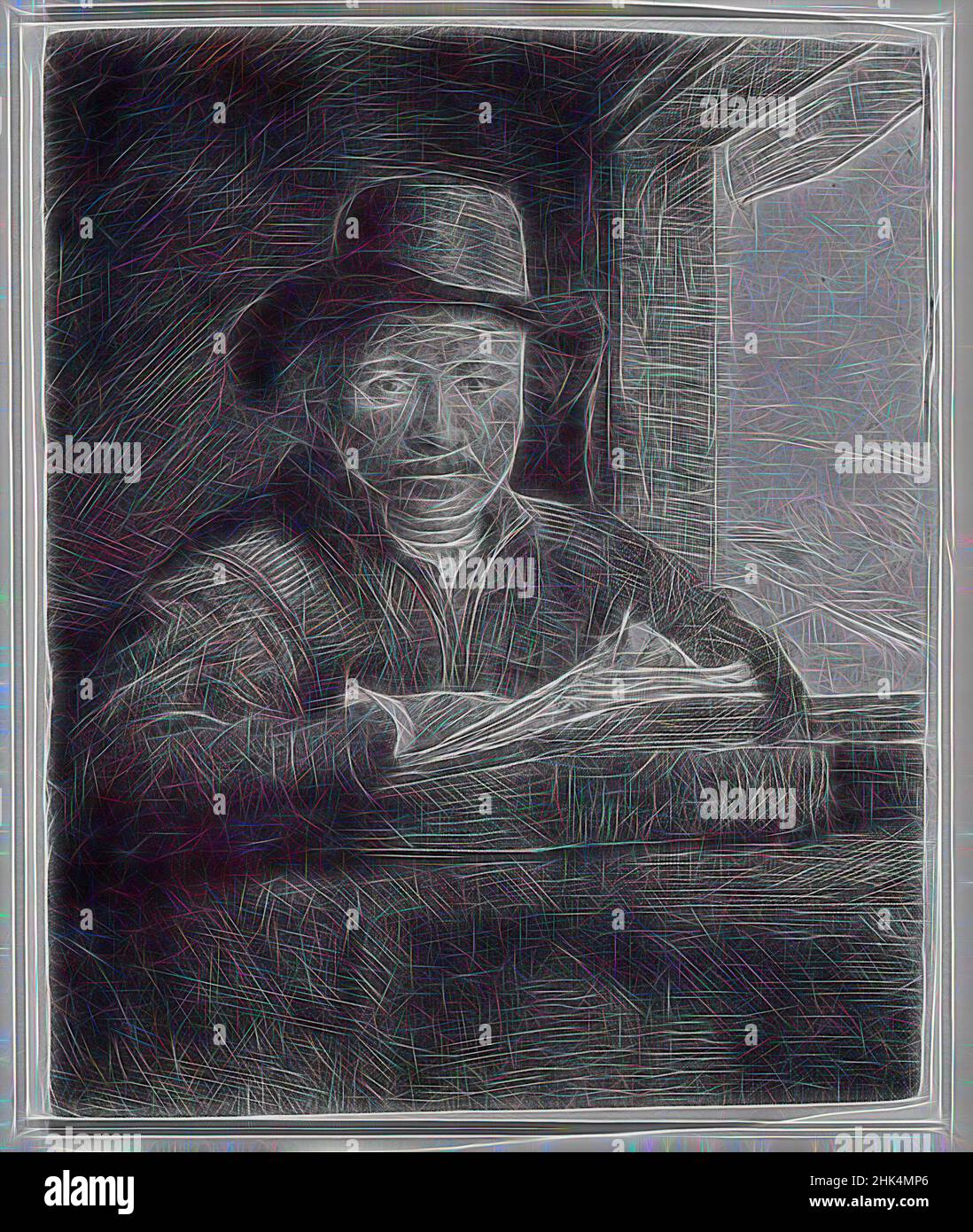 Ispirato da disegno autoritratto in una finestra, Rembrandt Harmensz. Van Rijn, olandese, 1606-1669, incisione, punto secco, E burin su carta posata, Paesi Bassi, 1648, piastra: 6 1/8 x 5 1/16 pollici, 15,6 x 12,9 cm, reinventata da Artotop. L'arte classica reinventata con un tocco moderno. Design di calda e allegra luminosità e di raggi di luce. La fotografia si ispira al surrealismo e al futurismo, abbracciando l'energia dinamica della tecnologia moderna, del movimento, della velocità e rivoluzionando la cultura Foto Stock