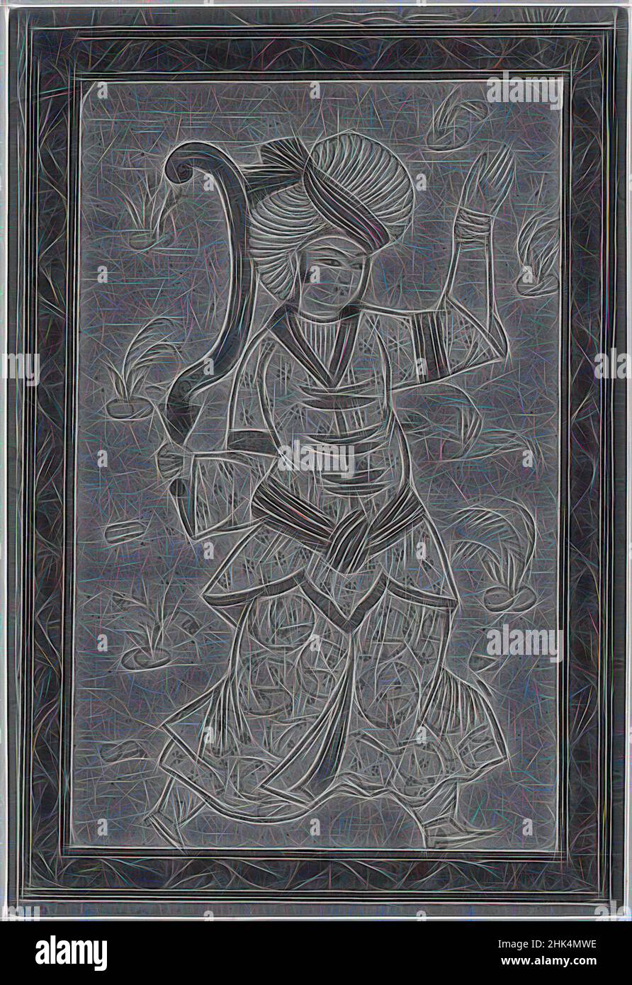 Ispirato dal disegno di un uomo con una spada, inchiostro e acquerello su carta, all'inizio del 17th secolo, ottomano, reinventato da Artotop. L'arte classica reinventata con un tocco moderno. Design di calda e allegra luminosità e di raggi di luce. La fotografia si ispira al surrealismo e al futurismo, abbracciando l'energia dinamica della tecnologia moderna, del movimento, della velocità e rivoluzionando la cultura Foto Stock