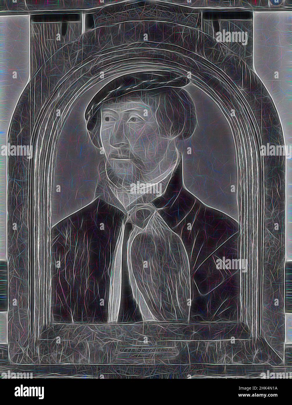 Ispirato da Ritratto dell'uomo con un Falcon, Scuola Francese, Francia, 1525-1550, telaio: 13 x 10 1/2 pollici, 33 x 26,7 cm, reinventato da Artotop. L'arte classica reinventata con un tocco moderno. Design di calda e allegra luminosità e di raggi di luce. La fotografia si ispira al surrealismo e al futurismo, abbracciando l'energia dinamica della tecnologia moderna, del movimento, della velocità e rivoluzionando la cultura Foto Stock