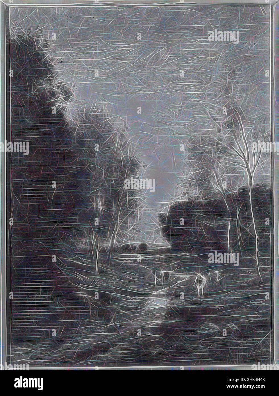 Ispirato dal paesaggio con bestiame, Alfred Cornelius Howland, americano, 1838-1909, ca. 1895, 12 3/8 x 9 1/16 pollici, 31,4 x 23 cm, reinventato da Artotop. L'arte classica reinventata con un tocco moderno. Design di calda e allegra luminosità e di raggi di luce. La fotografia si ispira al surrealismo e al futurismo, abbracciando l'energia dinamica della tecnologia moderna, del movimento, della velocità e rivoluzionando la cultura Foto Stock