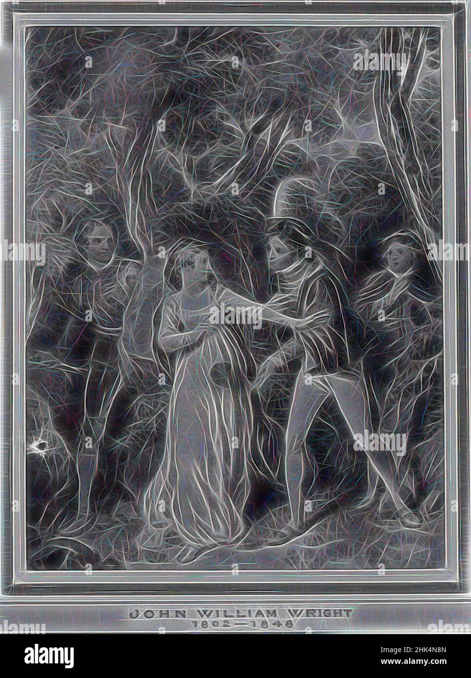 Ispirato da soggetto shakespeariano, John William Wright, britannico, 1802-1848, disegno di lavaggio, 6 3/8 x 4 7/8 pollici, 16,2 x 12,4 cm, reinventato da Artotop. L'arte classica reinventata con un tocco moderno. Design di calda e allegra luminosità e di raggi di luce. La fotografia si ispira al surrealismo e al futurismo, abbracciando l'energia dinamica della tecnologia moderna, del movimento, della velocità e rivoluzionando la cultura Foto Stock