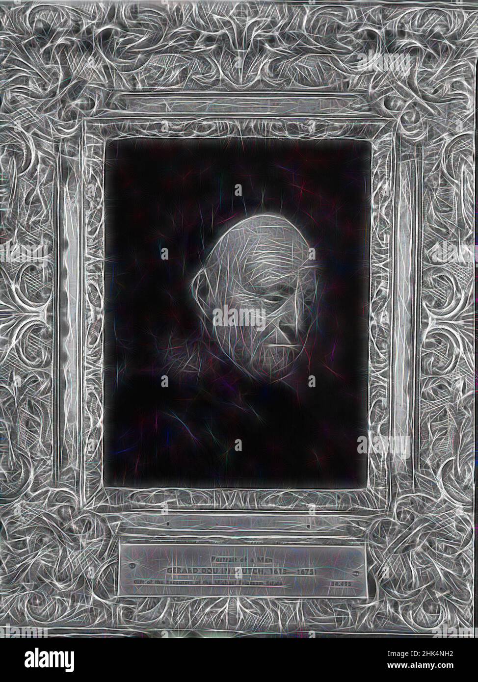 Ispirato da Ritratto di un uomo, Scuola olandese, olio su quercia, Paesi Bassi, 17th secolo, 6 5/8 x 5 1/4 pollici, 16,8 x 13,3 cm, reinventato da Artotop. L'arte classica reinventata con un tocco moderno. Design di calda e allegra luminosità e di raggi di luce. La fotografia si ispira al surrealismo e al futurismo, abbracciando l'energia dinamica della tecnologia moderna, del movimento, della velocità e rivoluzionando la cultura Foto Stock