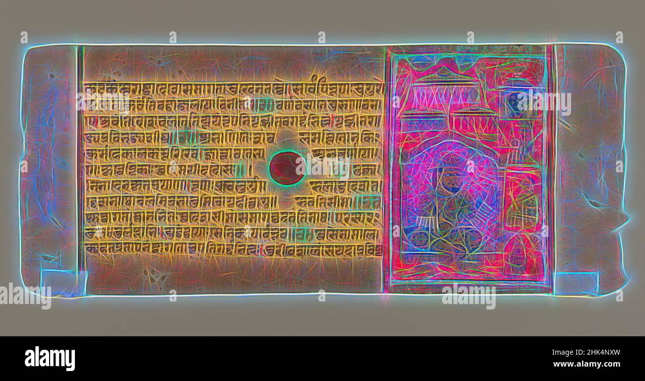 Ispirato da Leaf da un disperso manoscritto Jain del Kalakacharya-katha, indiano, acquerello opaco e oro su carta, Gujarat, India, ca. 1450-1475, foglio: 4 3/8 x 10 1/2 pollici, 11,1 x 26,7 cm, Devanagari, Equestre, Oro, Gujarat, Indiano, Jain, Kalaka, Kalakacharya-katha, foglia, Manoscritto, carta, reinventato da Artotop. L'arte classica reinventata con un tocco moderno. Design di calda e allegra luminosità e di raggi di luce. La fotografia si ispira al surrealismo e al futurismo, abbracciando l'energia dinamica della tecnologia moderna, del movimento, della velocità e rivoluzionando la cultura Foto Stock